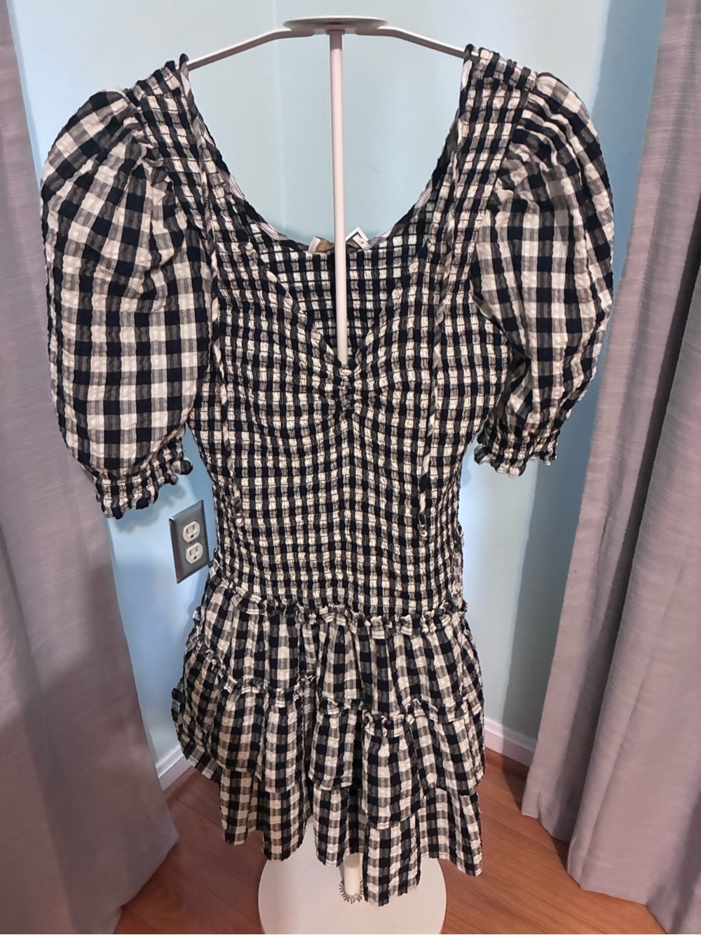 Caroline Constas Black & White Gingham Puff-Sleeve Mini Dress